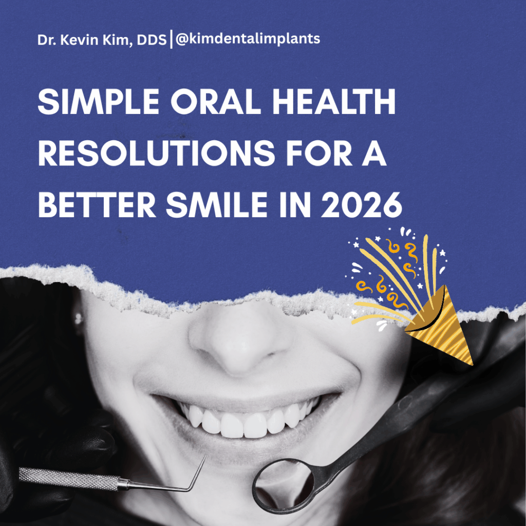 Close-up of a person with a bright smile being examined by a dentist holding a dental mirror and probe. The image has a torn blue paper overlay with the text: "Dr. Kevin Kim, DDS
