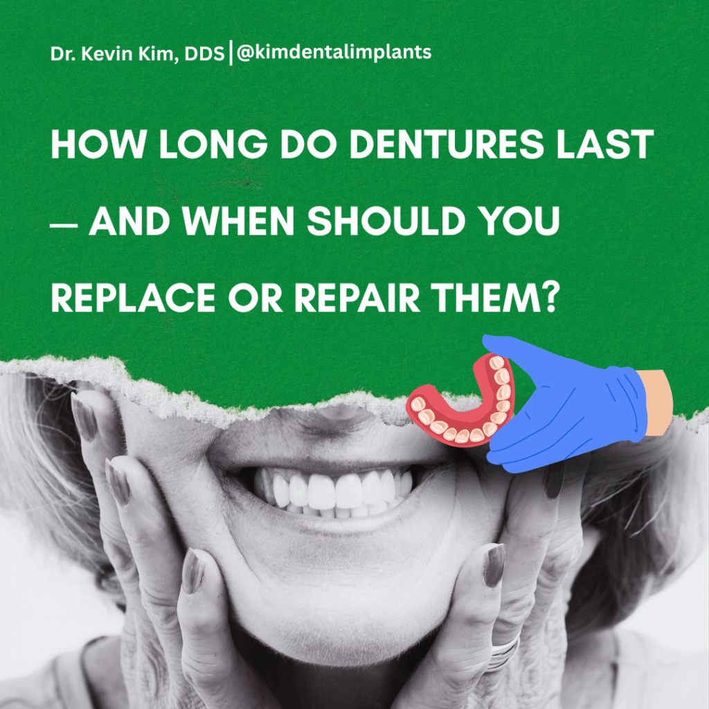 Illustration of a smiling older woman with dentures, a gloved hand holding a denture model, and text asking how long dentures last and when to repair or replace them.
