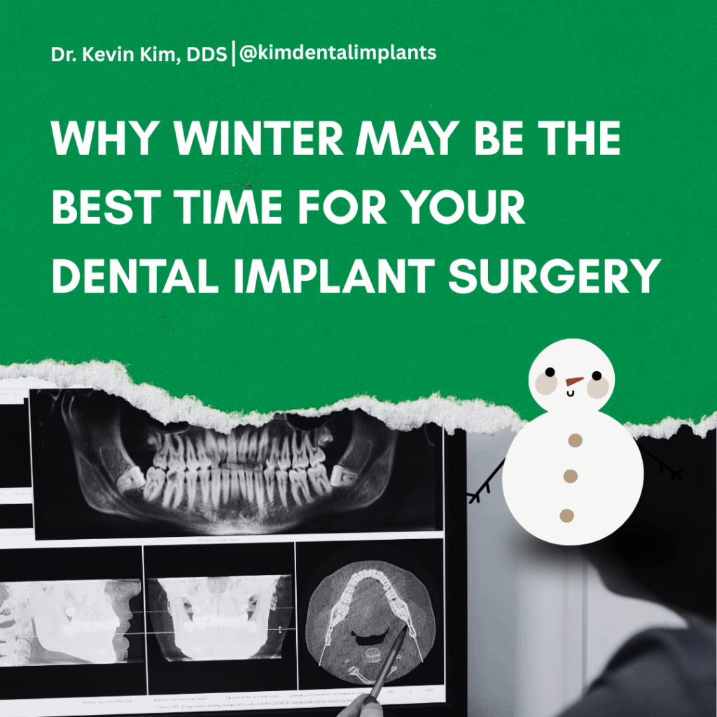 Dr. Kevin Kim reviewing digital dental X-rays for implant surgery planning with a winter-themed snowman graphic and green background.