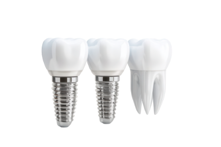 A high-resolution 3D digital model of a human jaw showing the precise placement of a single dental implant and porcelain crown into the lower arch.