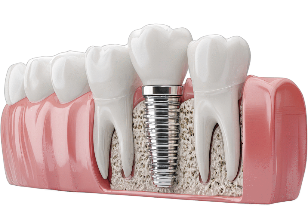 A 3D anatomical cross-section showing a threaded titanium dental implant post successfully integrated into a porous jawbone structure, supporting a natural-looking porcelain crown.