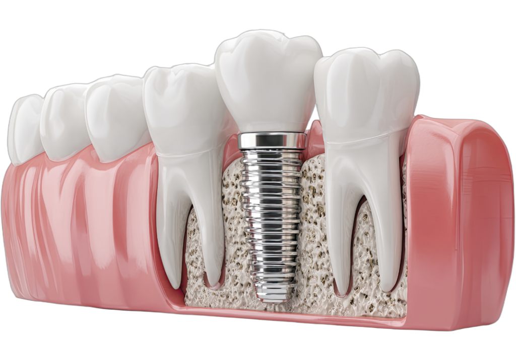 A 3D anatomical cross-section showing a titanium dental implant post recently placed into the jawbone socket immediately following a tooth extraction, surrounded by natural teeth.